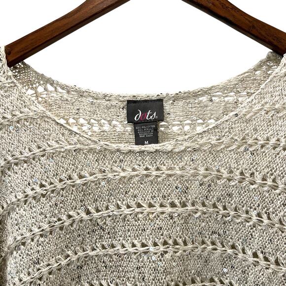 Dots  Crochet Open Knit Sweater Cream Silver Sequins Size Medium - Picture 3 of 10